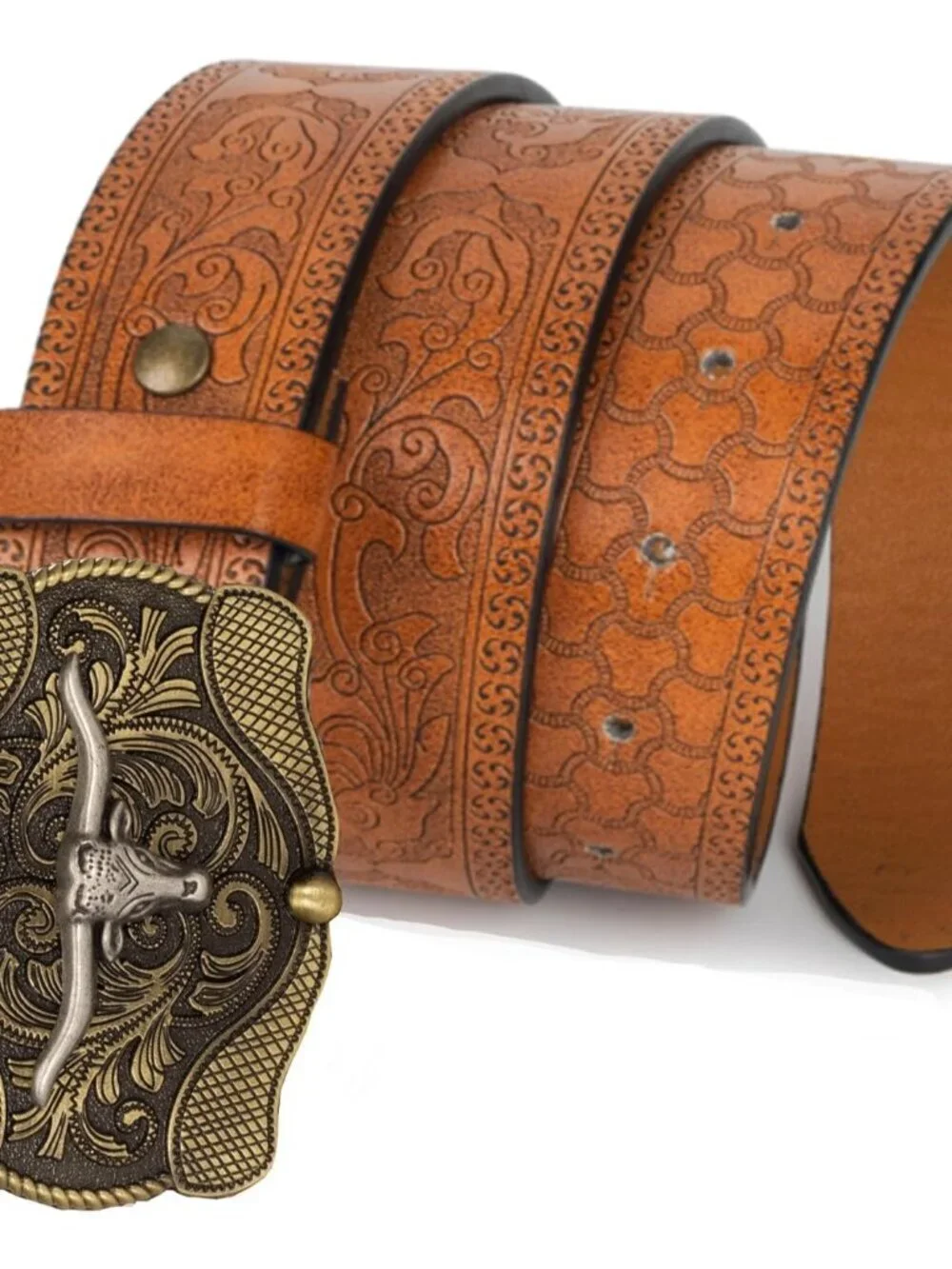 Women's Brown 1 Western Pu Leather Longhorn Bull Turquoise Embossed Buckle Belt